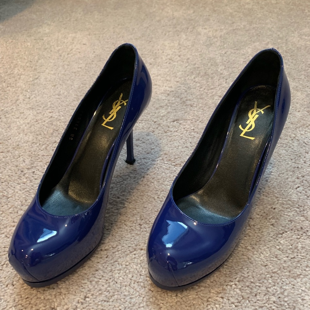YSL blue patent platform pumps